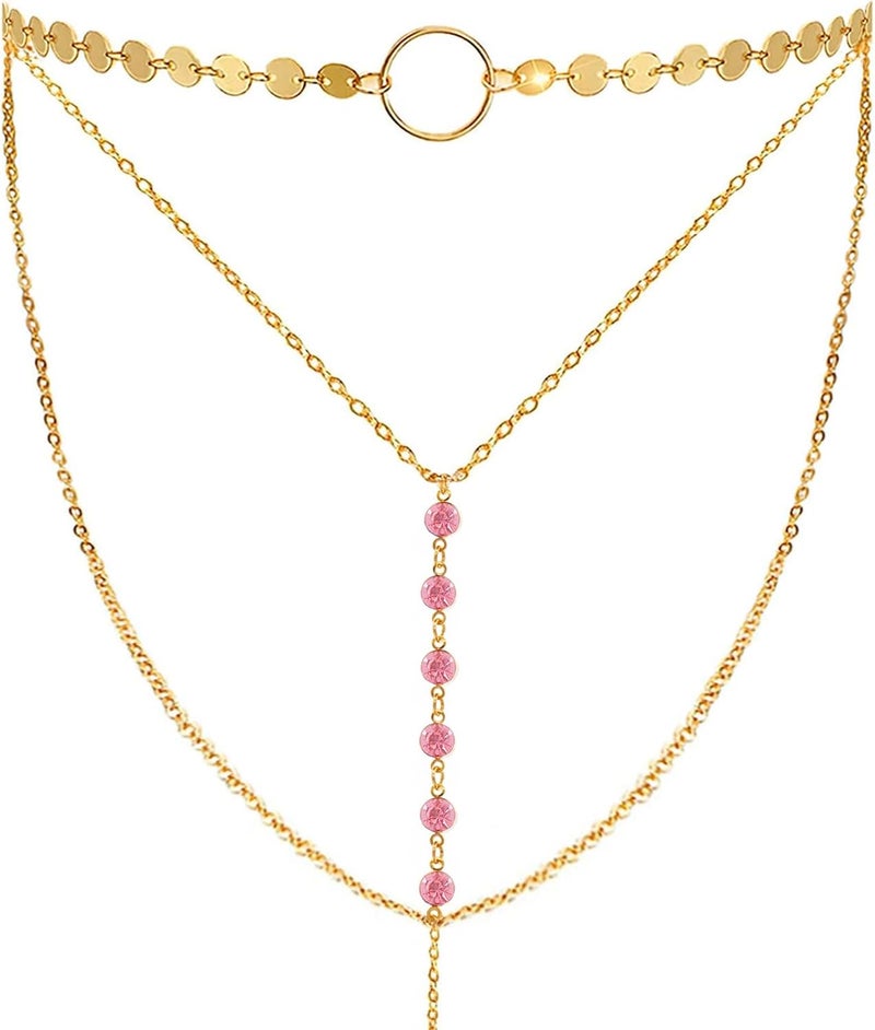 Suyi Stylish Layered Sequins Choker Necklace with Thin Long Chian Pendant for Women Lady - Image 1